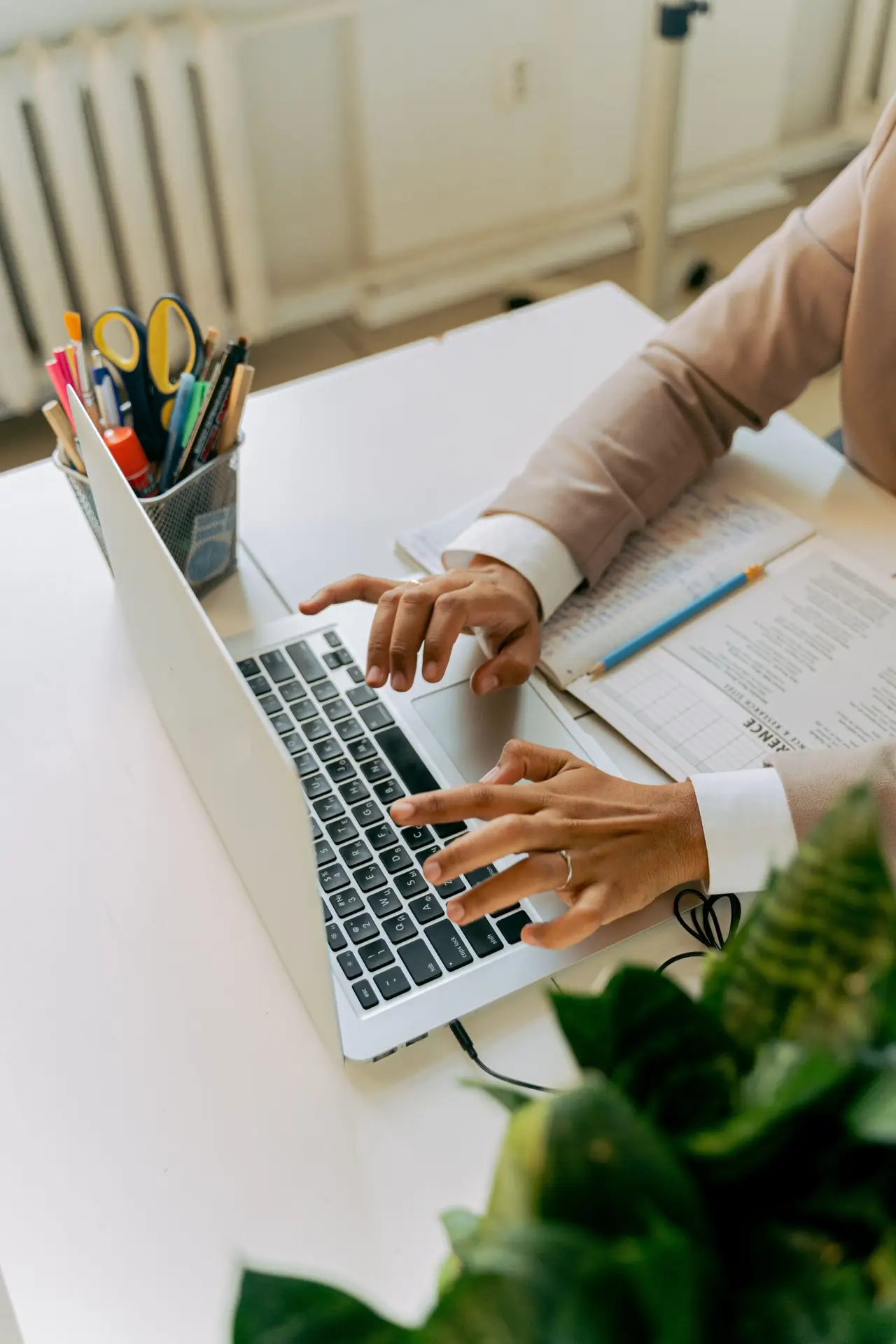 A business professional typing on a laptop at a well-organized office desk with plants and stationery.